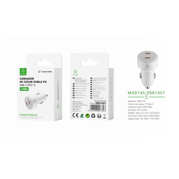 Cargador de coche PD+PD 40W sin cable - blanco - MX0145 BL