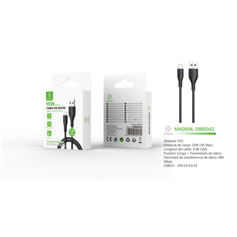 Cable de datos USB a Lightning 15W 1m - Preto - MX0004 NE