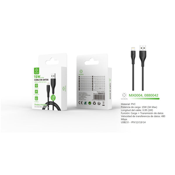 Cable de datos USB a Lightning 15W 1m - Preto - MX0004 NE