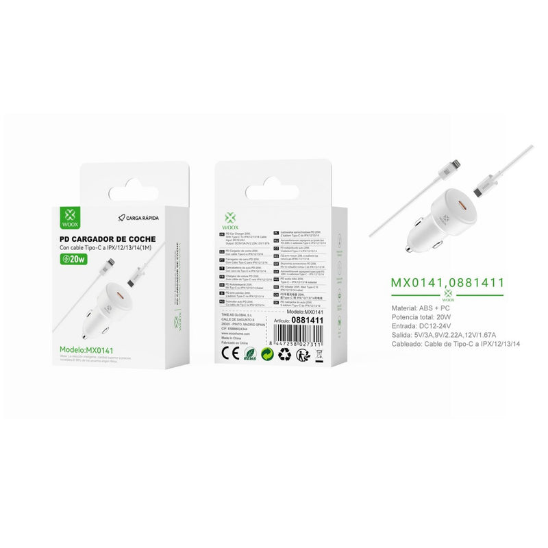 Cargador de coche PD individual de 20 W con cable C-Lightning (blanco) - MX0141 BL