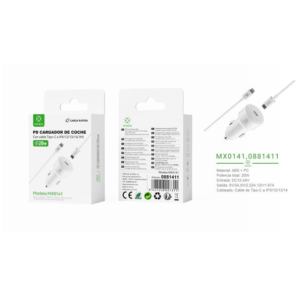 Cargador de coche PD individual de 20 W con cable C-Lightning (blanco) - MX0141 BL