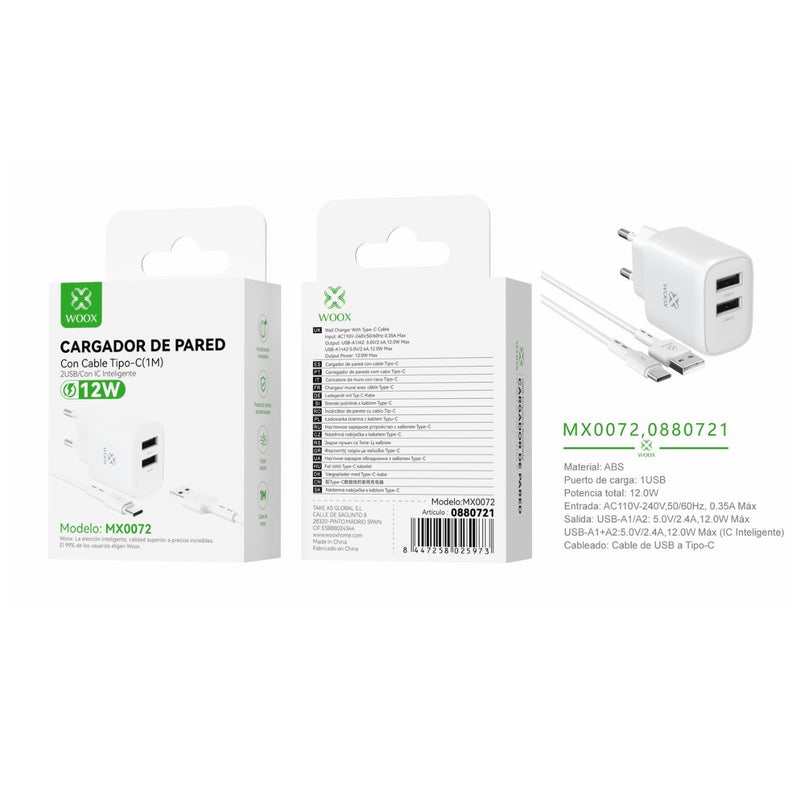 Cargador de pared doble USB UE 5 V/2,4 A con cable USB a tipo C (blanco) - MX0072 BL