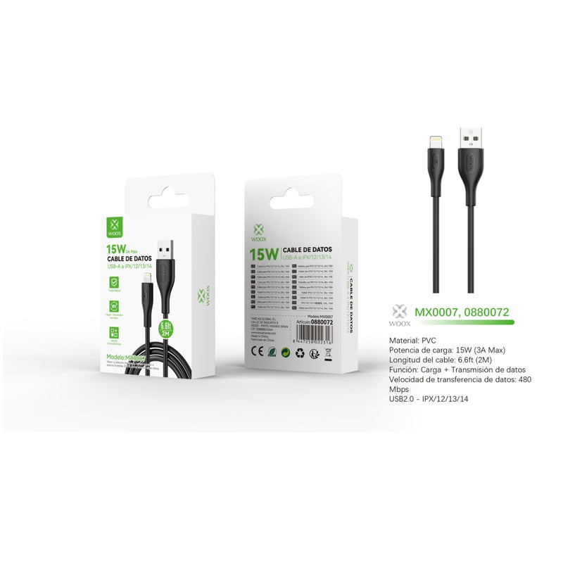 Cable de datos USB a Lightning 15W 2m - Preto - MX0007 NE