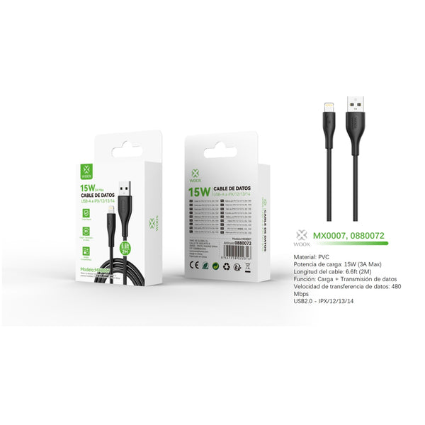 Cable de datos USB a Lightning 15W 2m - Preto - MX0007 NE