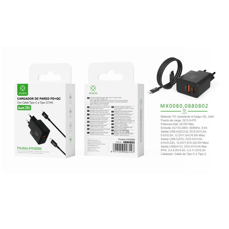 Cargador de pared UE QC+PD GaN de 20 W con cable C-C (negro) - MX0080 NE