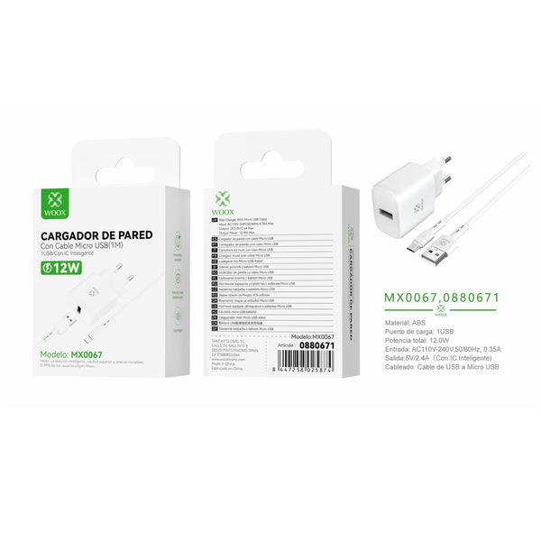 Cargador de pared USB ¨2nico UE 5 V/2,4 A con cable USB a micro (blanco) - MX0067 BL
