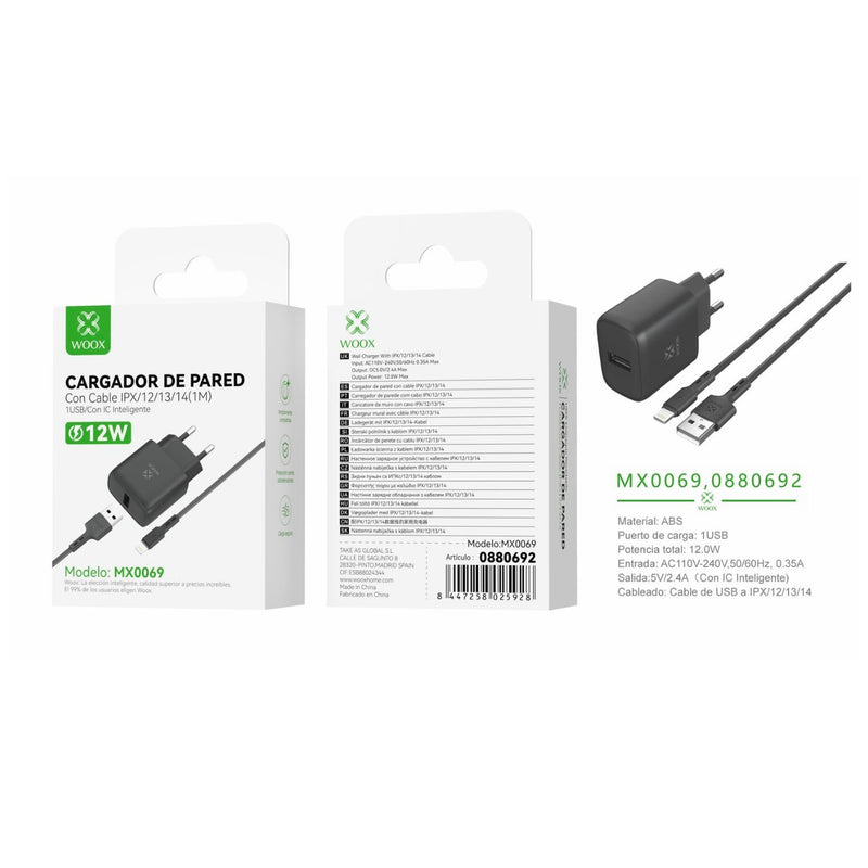 Cargador de pared USB ¨2nico UE 5 V/2,4 A con cable USB a Lightning (negro) - MX0069 NE