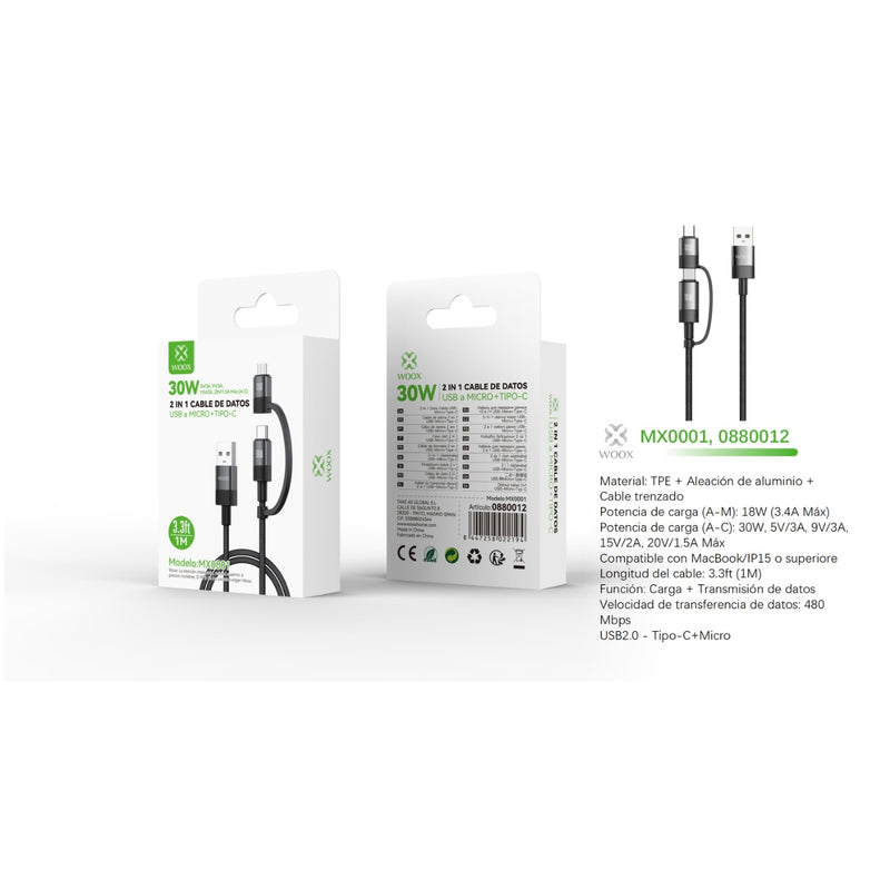 Cabo de dados USB para Micro + Tipo C 2 em 1 30 W 1 m - Preto - MX0001 NE