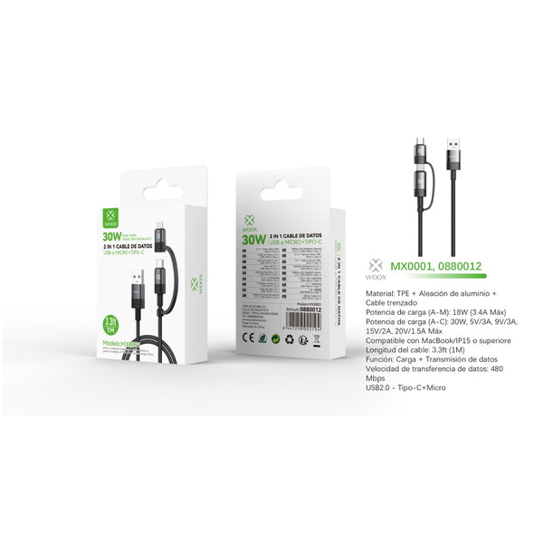 Cabo de dados USB para Micro + Tipo C 2 em 1 30 W 1 m - Preto - MX0001 NE