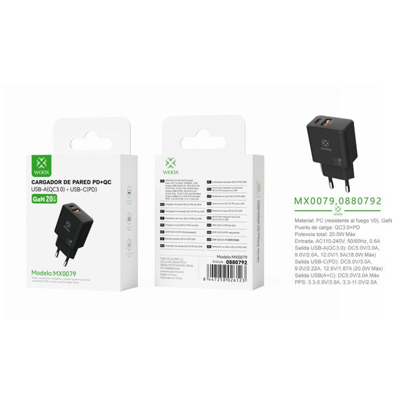 Cargador de pared UE QC+PD GaN 20 W sin cable (negro) - MX0079 NE