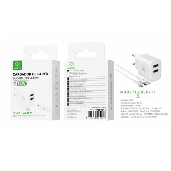 Cargador de pared doble USB UE 5 V/2,4 A con cable USB a micro (blanco) - MX0071 BL