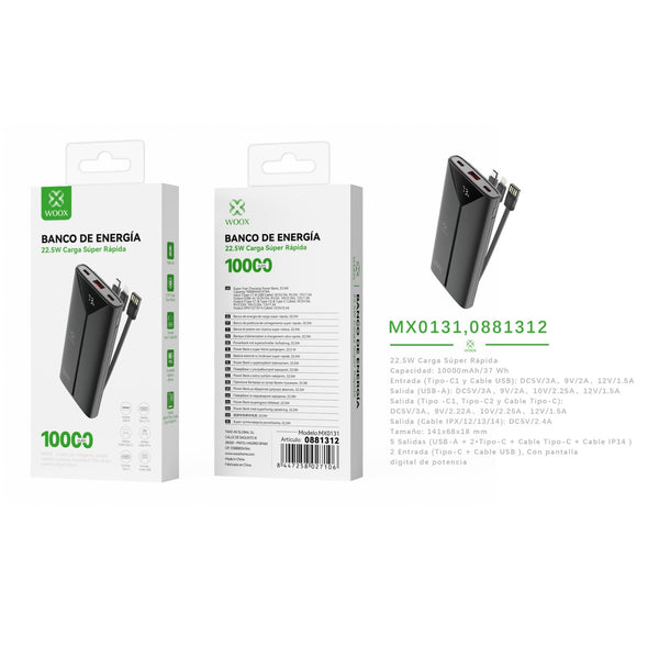 Banco de energia 10000 mAh 22,5 W con 3 cables ABS+PC (negro) - MX0131 NE