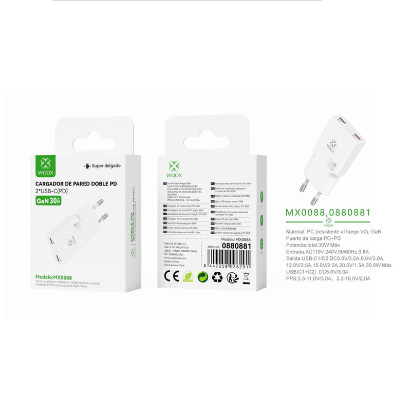 Cargador de pared EU PD+PD GaN 30 W sin cable blanco - MX0088 BL