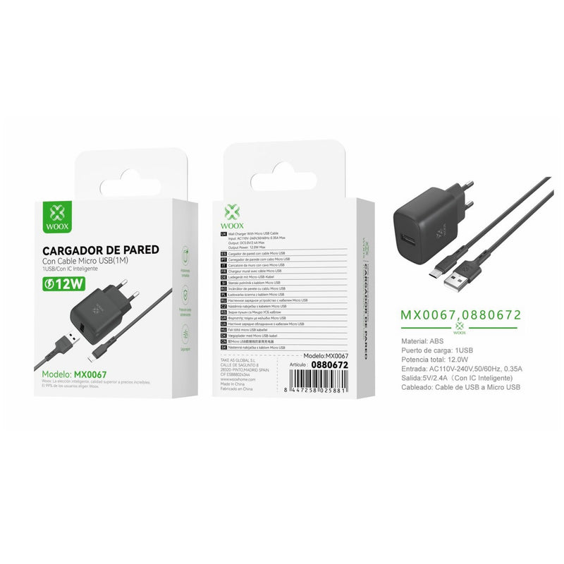 Cargador de pared USB ¨2nico UE 5 V/2,4 A con cable USB a micro (negro) - MX0067 NE