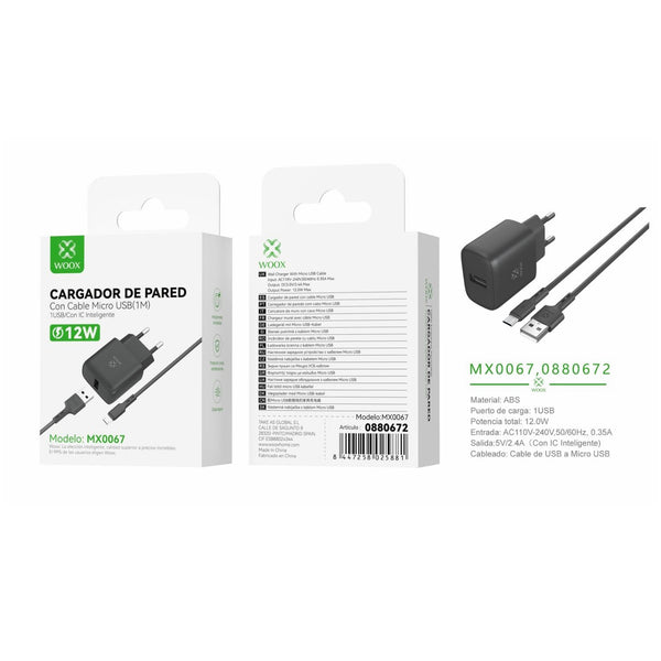 Cargador de pared USB ¨2nico UE 5 V/2,4 A con cable USB a micro (negro) - MX0067 NE