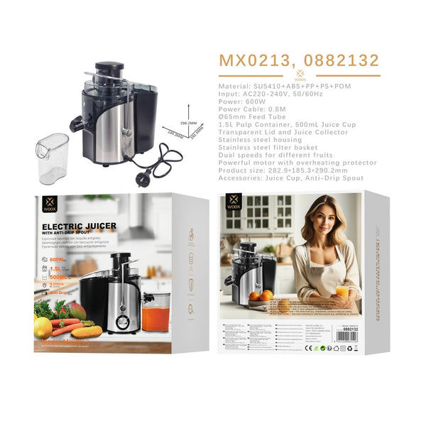 Exprimidor electrico de 600 W, con deposito de pulpa de 1,5 L y vaso de zumo de 500 ml, - MX0213