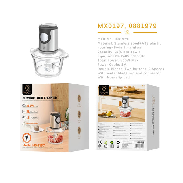 Picadora de alimentos electrica 350W 2.0L recipiente de vidrio Control de dos velocidades - - MX0197