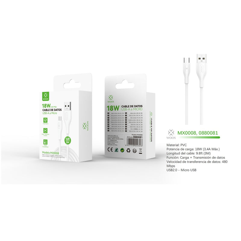 Cabo de dados USB para micro 18 W 3 m - Branco - MX0008 BL