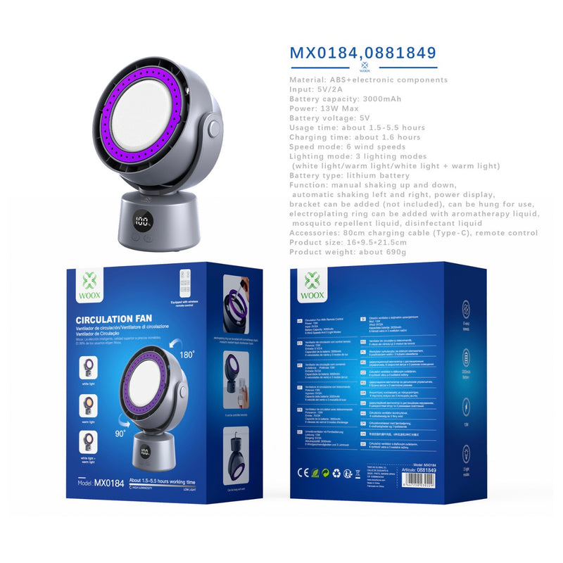 Ventilador de circulacion 3000 mAh, 6 velocidades de viento y 3 modos de luz, gris - MX0184