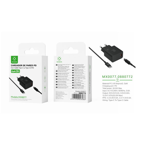 Cargador de pared GaN PD ¨2nico UE de 20 W con cable C-C (negro) - MX0077 NE