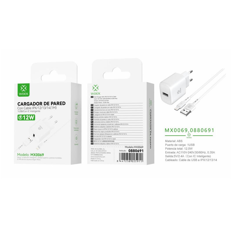 Cargador de pared USB ¨2nico UE 5 V/2,4 A con cable USB a Lightning (blanco) - MX0069 BL