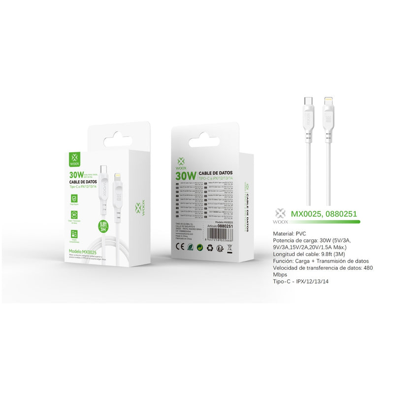 Cable de datos Tipo-C a Lightning 30W 3m -blanco - MX0025 BL
