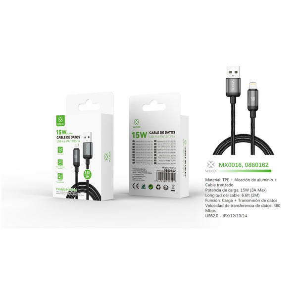 Cable de datos USB a Lightning 15W 2m-negro - MX0016 NE