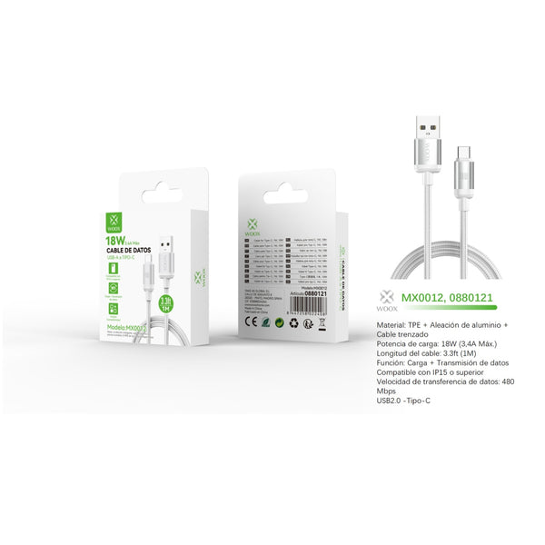 Cable de datos USB a tipo C 18 W 1 m blanco - MX0012 BL