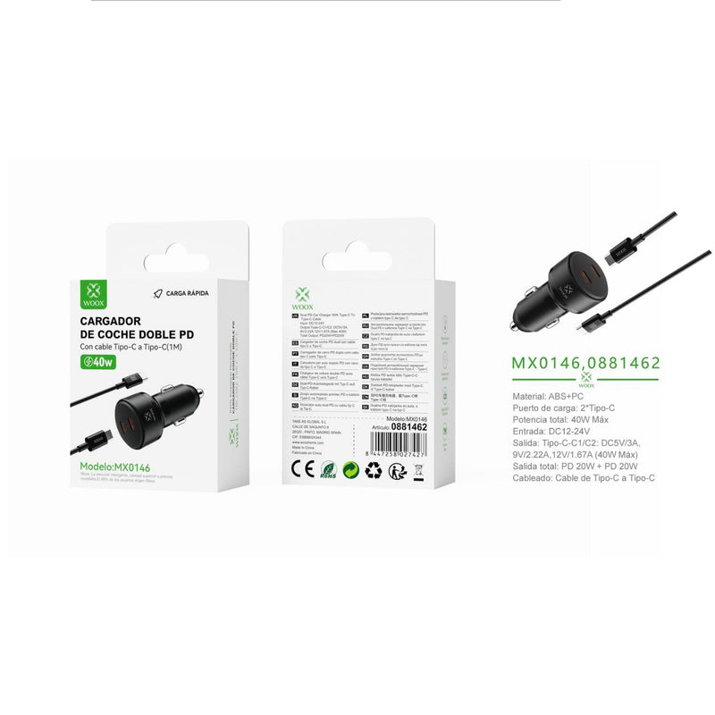 Cargador de coche PD+PD de 40 W con cable C-C (negro) - MX0146 NE