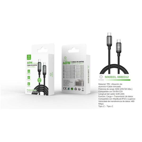 Cable de datos Tipo-C a Tipo-C 60W 2m - Negro - MX0031 NE
