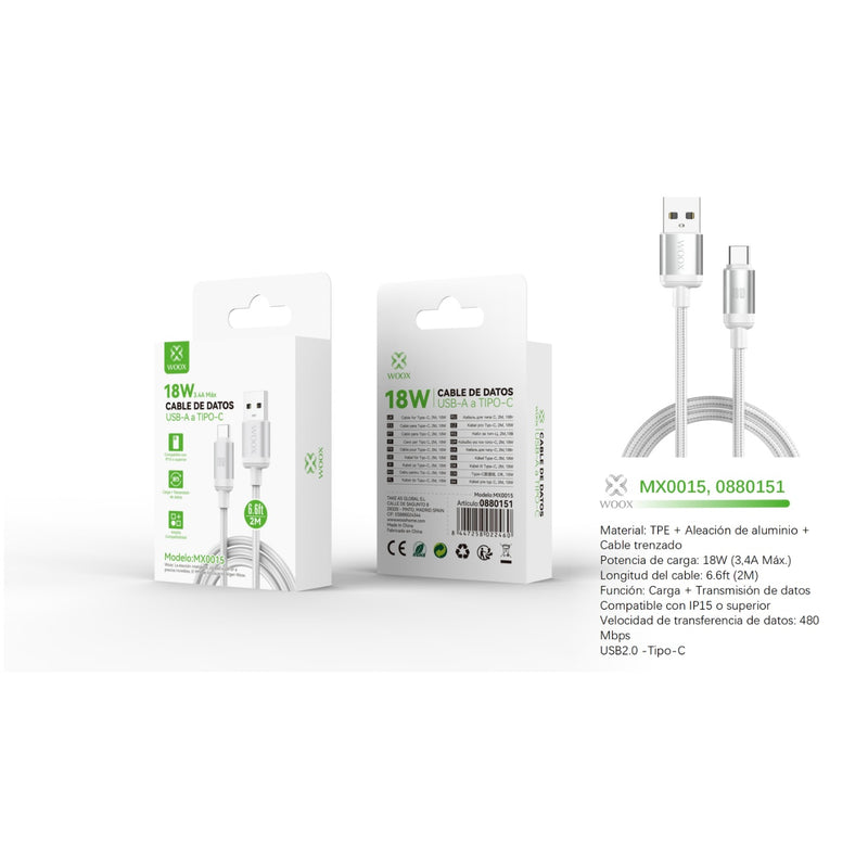 Cable de datos USB a tipo C 18 W 2 m blanco - MX0015 BL