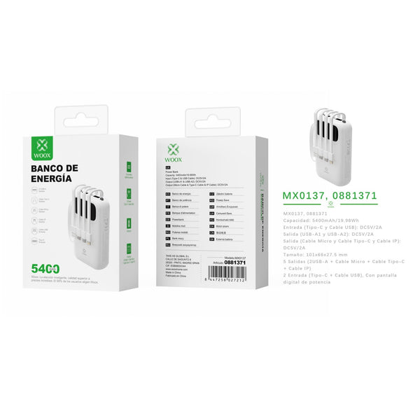 Banco de energia 5400 mAh 5 V 2 A con 4 cables ABS + PC - blanco - MX0137 BL