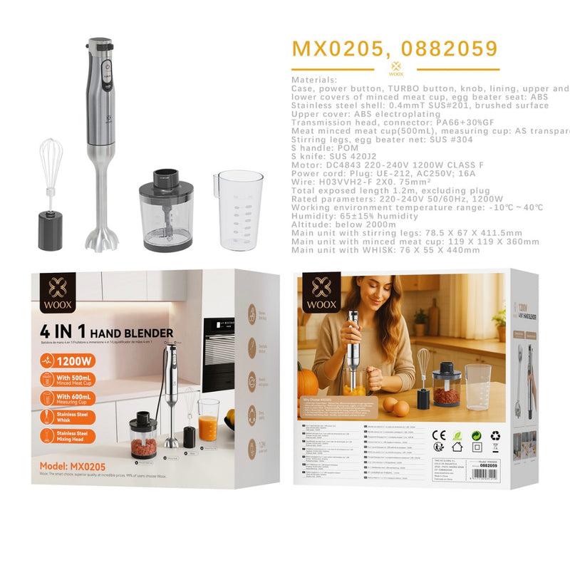 Batidora de mano 4 en 1 de 1200 W. Incluye batidor, picadora de 500 ml y vaso de 600 ml. - MX0205