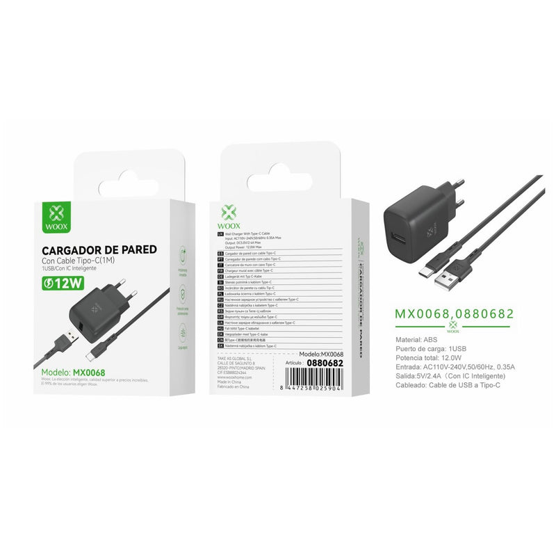 Cargador de pared USB ¨2nico UE 5 V/2,4 A con cable USB a tipo C (negro) - MX0068 NE