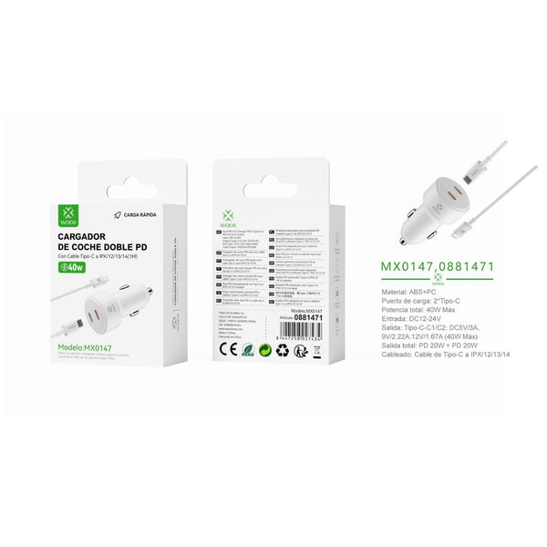 Cargador de coche PD+PD de 40 W con cable C- Lightning (blanco) - MX0147 BL