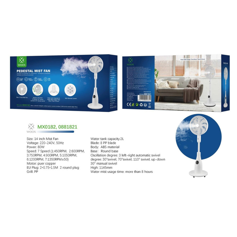 Ventilador de pedestal UE 80W 7 velocidades de aire con tanque de agua de 2L - Blanco - MX0182