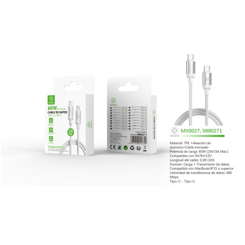 Cable de datos Tipo-C a Tipo-C 60W 1m - blanco - MX0027 BL