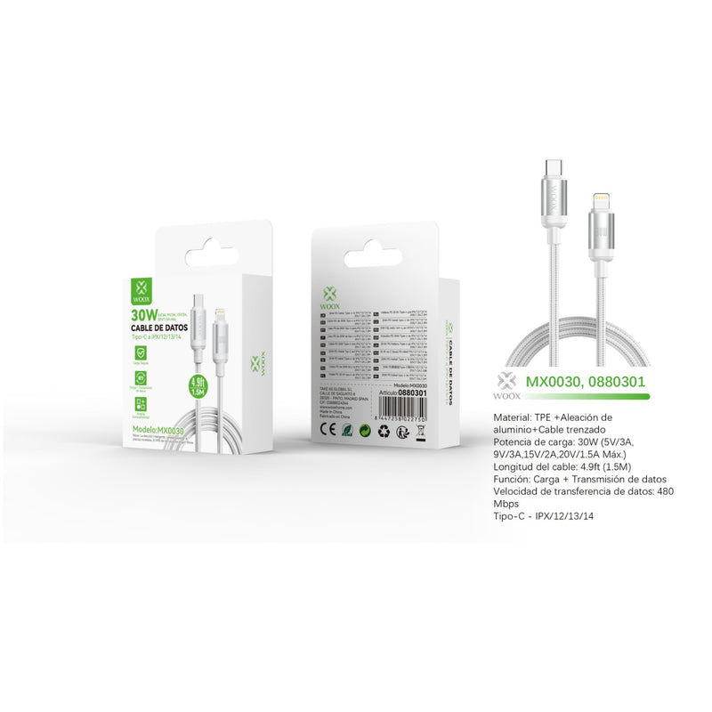 Cable de datos Tipo-C a Lightning 30W 1,5 m - blanco - MX0030 BL