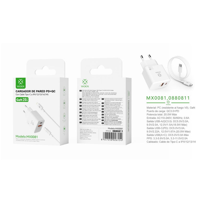 Cargador de pared UE QC+PD GaN de 20 W con cable C-Lightning (blanco) - MX0081 BL
