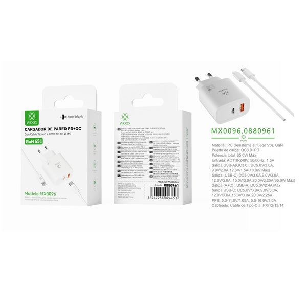 Cargador de pared UE QC+PD GaN de 65 W con cable C-Lightning (blanco) - MX0096 BL