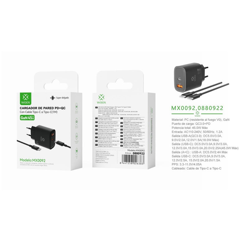 Cargador de pared UE QC+PD GaN de 45 W con cable C-C (negro) - MX0092 NE