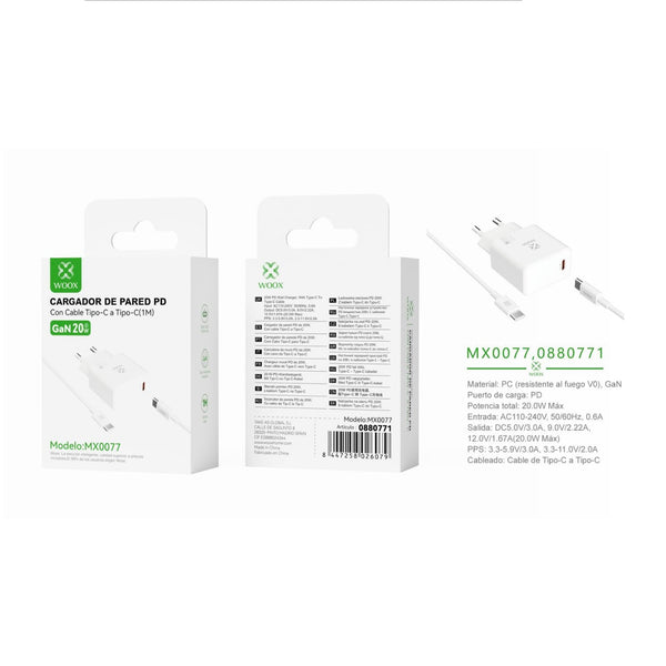 Cargador de pared GaN PD ¨2nico UE de 20 W con cable C-C (blanco) - MX0077 BL