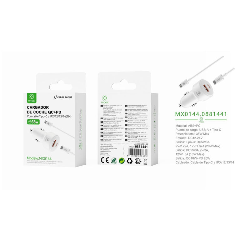 Cargador de coche PD+QC QC18W+PD20W con cable C-Lightning (blanco) - MX0144 BL