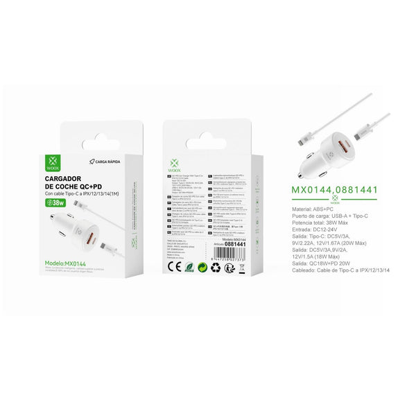 Cargador de coche PD+QC QC18W+PD20W con cable C-Lightning (blanco) - MX0144 BL