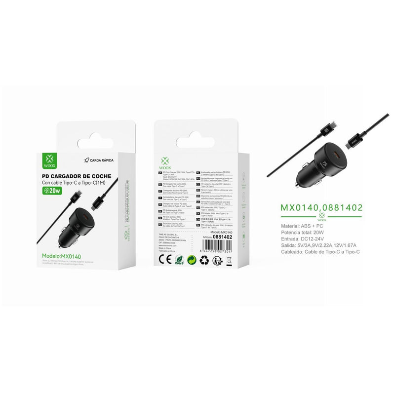 Cargador de coche PD individual de 20 W con cable C-C (negro) - MX0140 NE