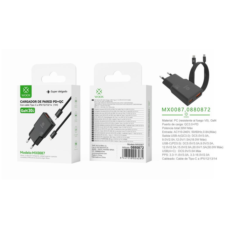 Cargador de pared UE QC+PD GaN de 30 W con cable C-Lightning (negro) - MX0087 NE