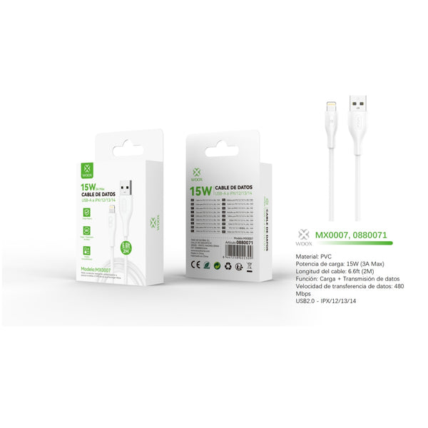 Cable de datos USB a Lightning 15W 2m - branco - MX0007 BL