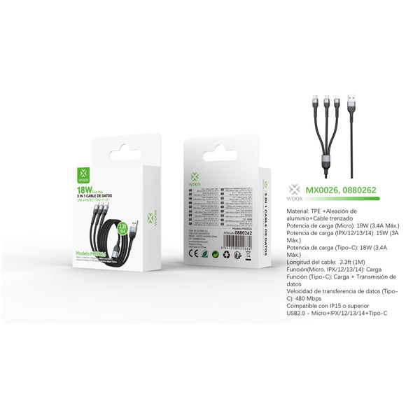 Cable de datos 3 en 1 USB a Micro+Tipo C+Lightning 18 W 1 m - Negro - MX0026