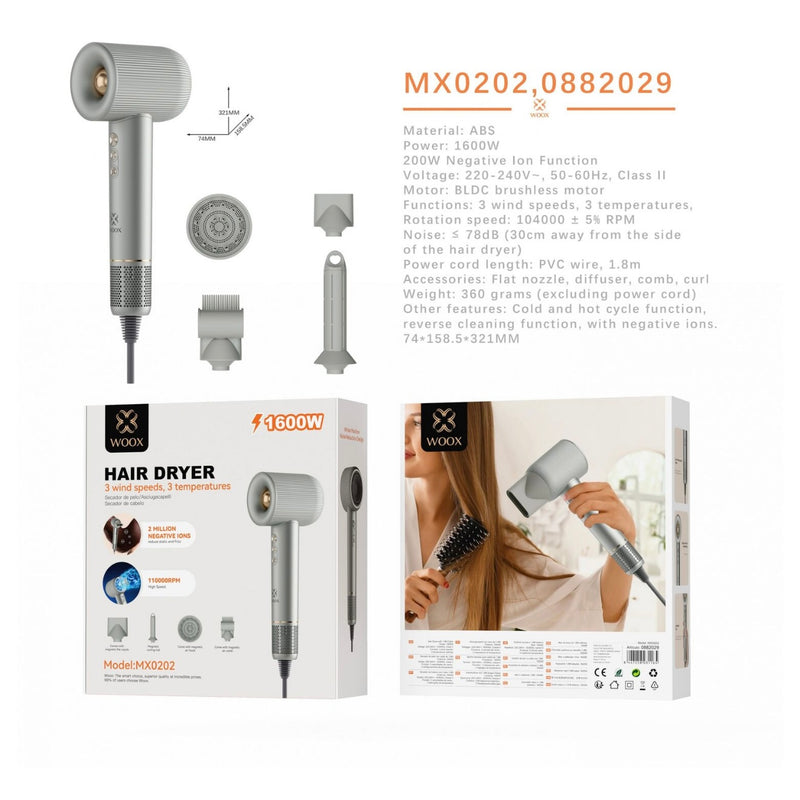 Secador de Pelo Electrico 1600W 3 velocidades de viento, 3 niveles de temperatura con acceso - MX0202