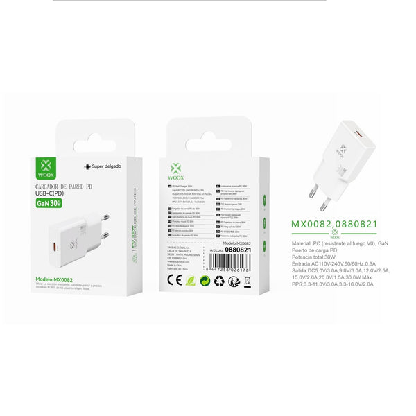 Cargador de pared UE ¨2nico PD GaN 30 W sin cable - blanco - MX0082 BL